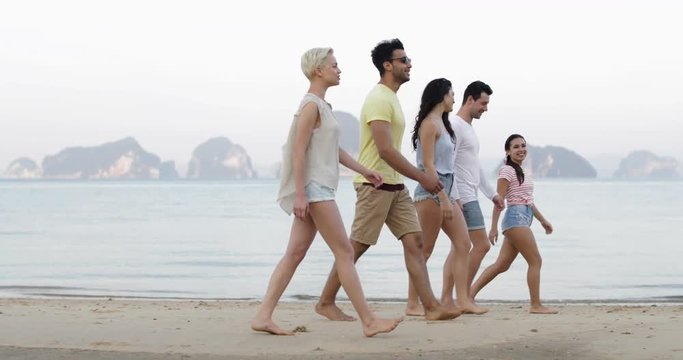 People Walking On Beach Talking, Young Tourists Group Communication Slow Motion 60
