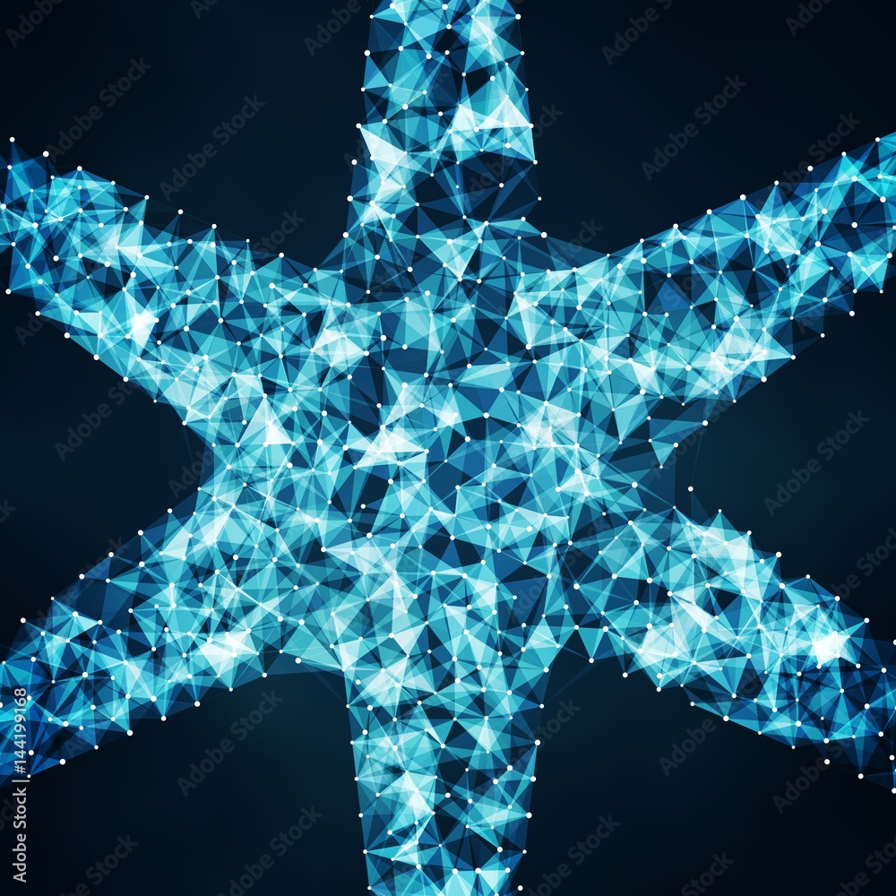 Poster abstract vector mesh background. chaotically connected points and polygons flying in space. flying d