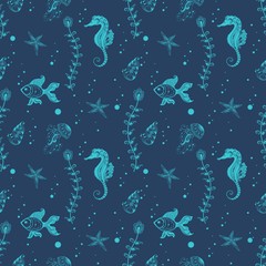 Vector flower seamless pattern background with algae, fish and sea horse. Elegant texture for backgrounds.