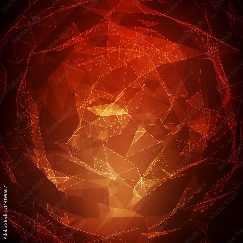 Poster abstract vector mesh background. chaotically connected points and polygons flying in space. flying d