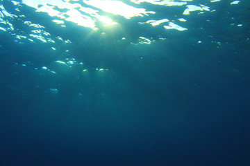 Underwater blue ocean background with sunlight 