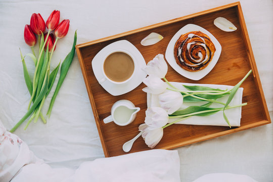 Morning Breakfast In Tray With Coffee And Flowers. 