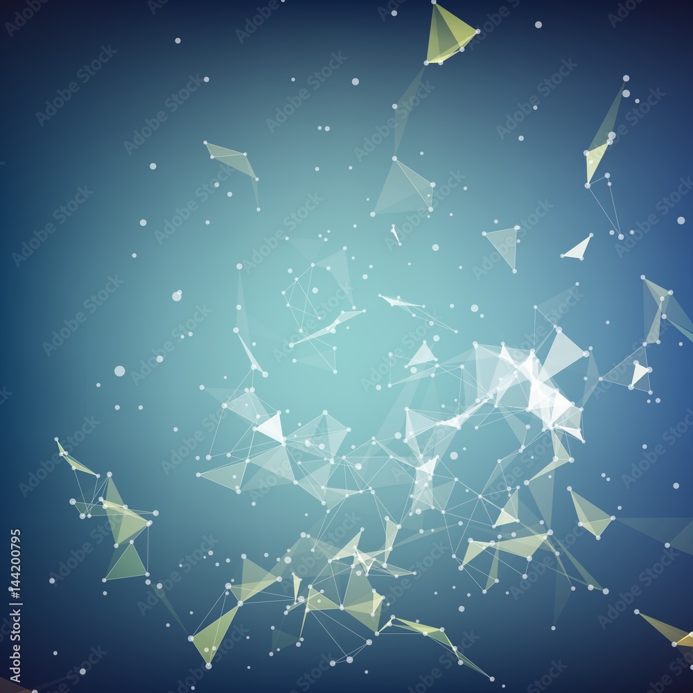 Poster abstract vector mesh background. chaotically connected points and polygons flying in space. flying d