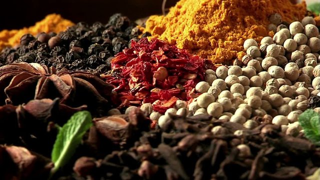 A mixture of different types spices. The palette of different food spices. Macro