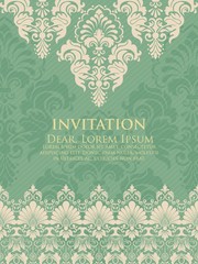 Wedding invitation and announcement card with vintage background artwork. Elegant ornate damask background. Elegant floral abstract ornament. Design template.