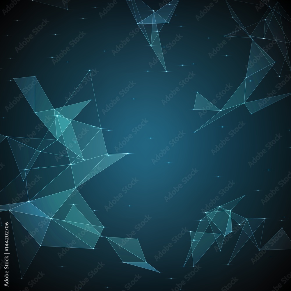 Poster abstract vector mesh background. chaotically connected points and polygons flying in space. flying d