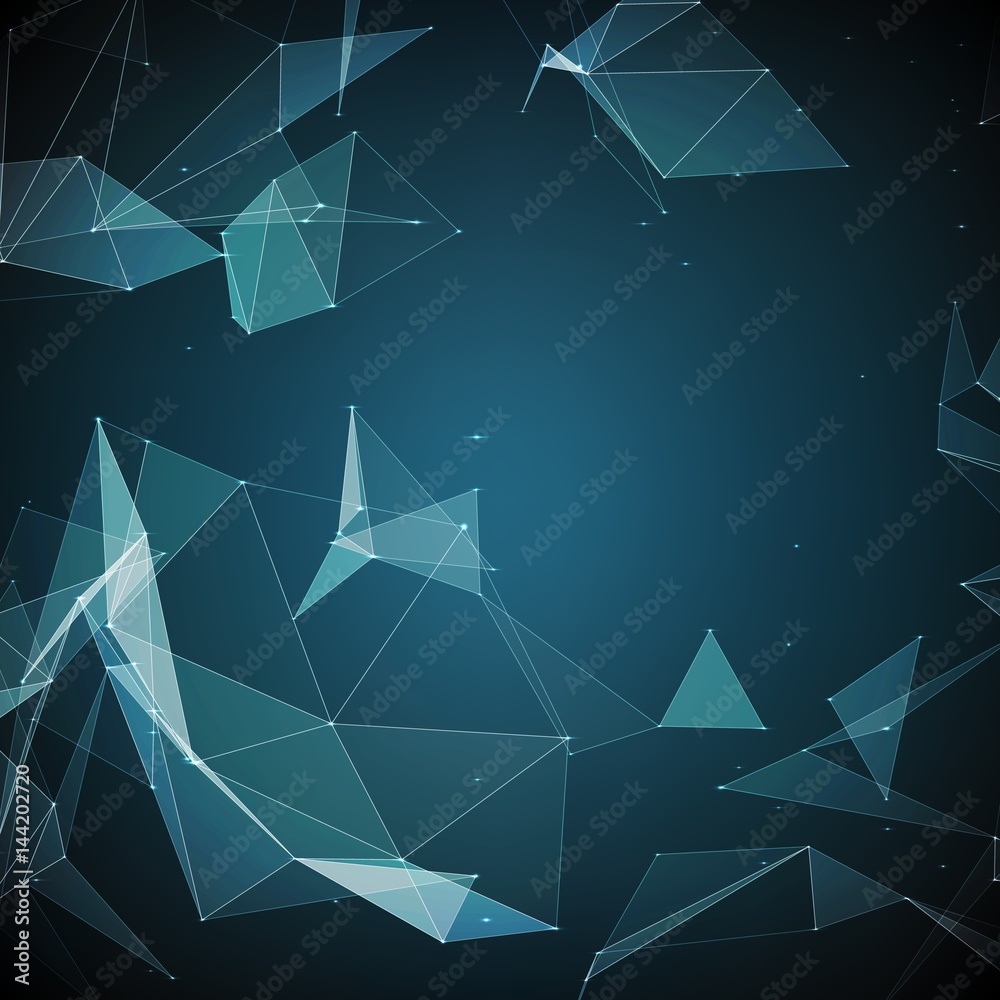 Poster abstract vector mesh background. chaotically connected points and polygons flying in space. flying d