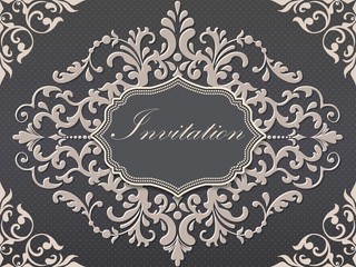 Wedding invitation and announcement card with vintage background artwork. Elegant ornate damask background. Elegant floral abstract ornament. Design template.