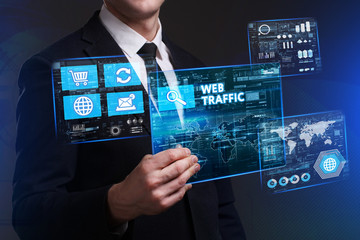 Business, Technology, Internet and network concept. Young businessman working on a virtual screen of the future and sees the inscription: Web traffic