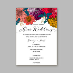 Wedding invitation with beautiful flowers zinnia chrysanthemum
