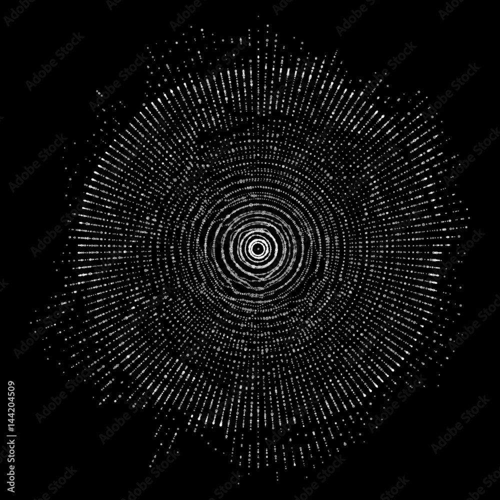 Poster Vector abstract sphere of particles, points array. Futuristic vector illustration. Technology digital splash or explosion of data points. Spherical waveform. Cyber UI or HUD element.