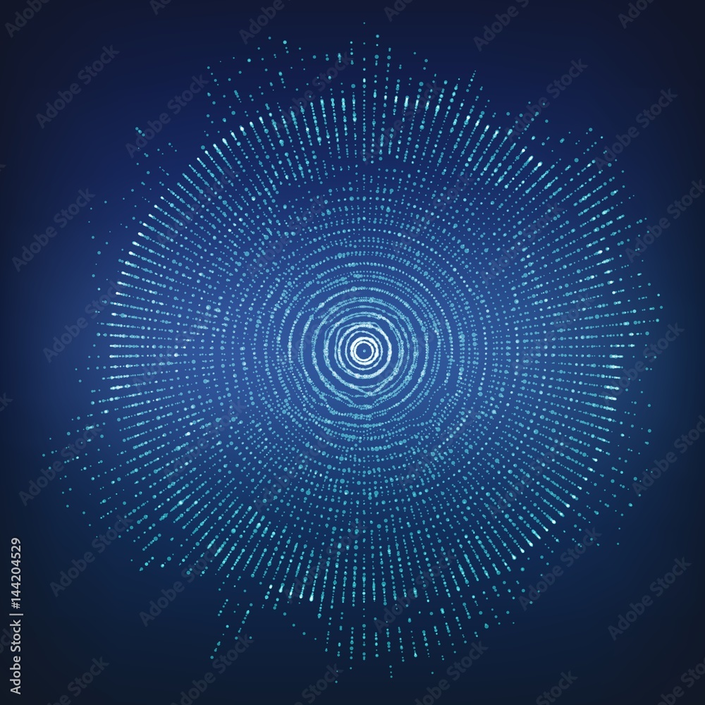 Poster Vector abstract sphere of particles, points array. Futuristic vector illustration. Technology digital splash or explosion of data points. Spherical waveform. Cyber UI or HUD element.