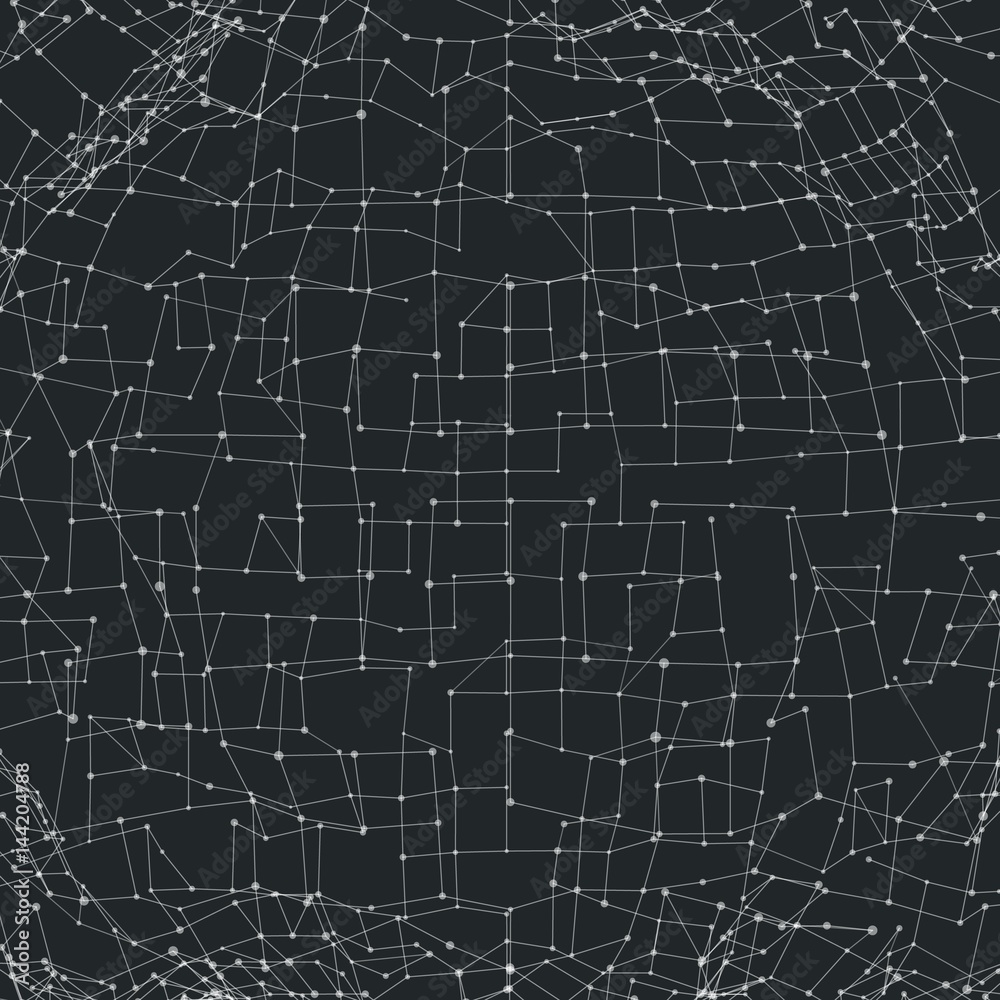 Poster abstract vector mesh background. chaotically connected points and polygons flying in space. flying d