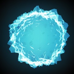 Abstract vector polygonal corrupted cyber sphere. Triangle spherical mesh background. Futuristic 3D illuminated distorted sphere of glowing particles and polygons. Digital splash. UI or HUD element.