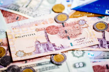 Egyptian money and credit card, The banknotes pounds from Egypt.