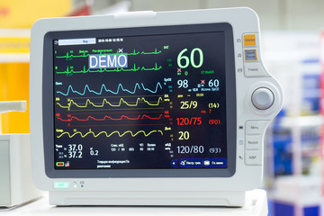 Screen of diagnostic medical equipment with indication of Cyrillic alphabet. Medicine