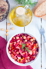 Traditional Russian salad with beets (vinaigrette), top view