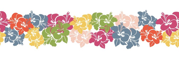 Nahtoser Hintergrund als Bordüre mit Muster aus bunten Hibiskus Blüten © wendeliu