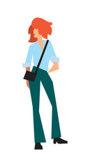 Elegant fashion girl in pants and shirt vector illustration isolated on white background. Pretty young woman, glamour model in flat design.