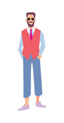 Elegant bearded man in pants and waistcoat vector illustration isolated on white background. Handsome hipster man, casual style model in flat design.