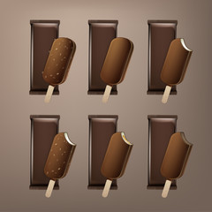 Vector Set of Bitten Popsicle Choc-ice Lollipop Ice Cream in Chocolate Glaze on Stick with Filling and Nuts with Brown Plastic Foil Wrapper for Branding Package Design Close up Isolated on Background