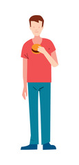 Thin young man with burger vector illustration isolated on white background. Male character eating in flat design.