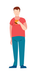 Man in pants and t-shirt eating burger vector illustration isolated on white background. Male character eating in flat design.