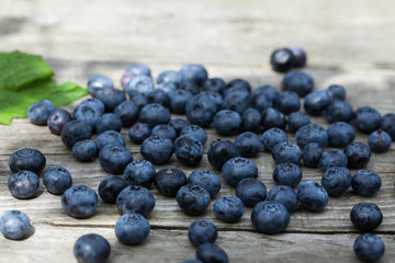 Blueberry on wooden table background. Ripe and juicy fresh picked blueberries closeup. Berries closeup