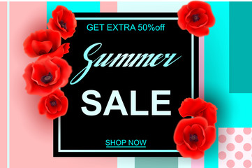 Advertisement about the spring sale on defocused background with beautiful roses. Vector illustration.