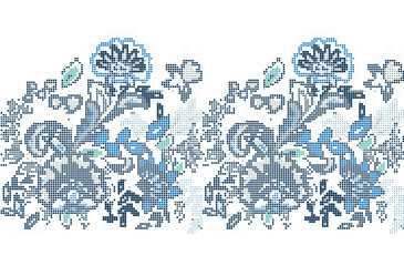 Template for cross stitch blue ethnic flowers. The vector embroidered flowers