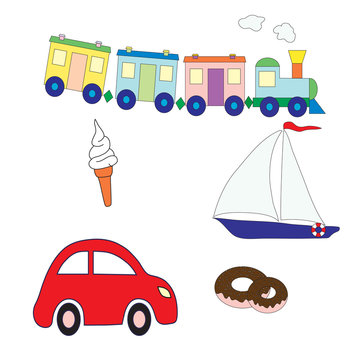 Collection of toys for the boy and sweet. Vector picture. Design elements for a children's print.