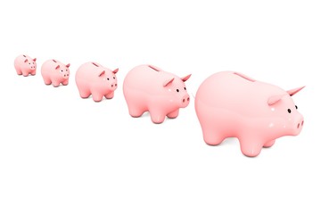3d illustration: line of pink piggy bank on a white isolated background. range from smallest to largest. five money box for coins in a row. Go for a walk. little follow big boss (leader).