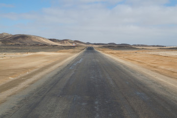 Fototapeta na wymiar Desert Landscape with Highway near Swakopmund, Namibia