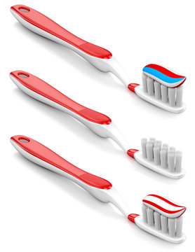 Toothbrushes with paste without. Set of multicolored 3d images isolated on white