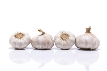 Garlics and reflection in white background