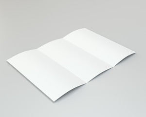 Blank folded leaflet white paper. 3d rendering. Gray background.