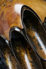 Vertical ECU detail of captured USAF rocket launching pod with greased tubes on display in Vietnam