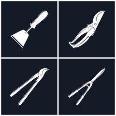 Set of Farming Tools , Garden and Landscaping Tools ,Icon Hand Hoe and Pruning Shear , Icon Loppers and Garden Shears , Agricultural Equipment , Black and White Vector Illustration