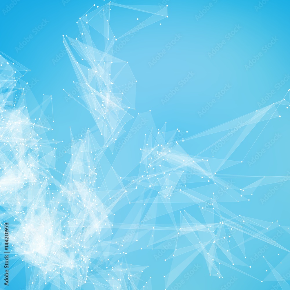 Poster abstract vector mesh background. chaotically connected points and polygons flying in space. flying d