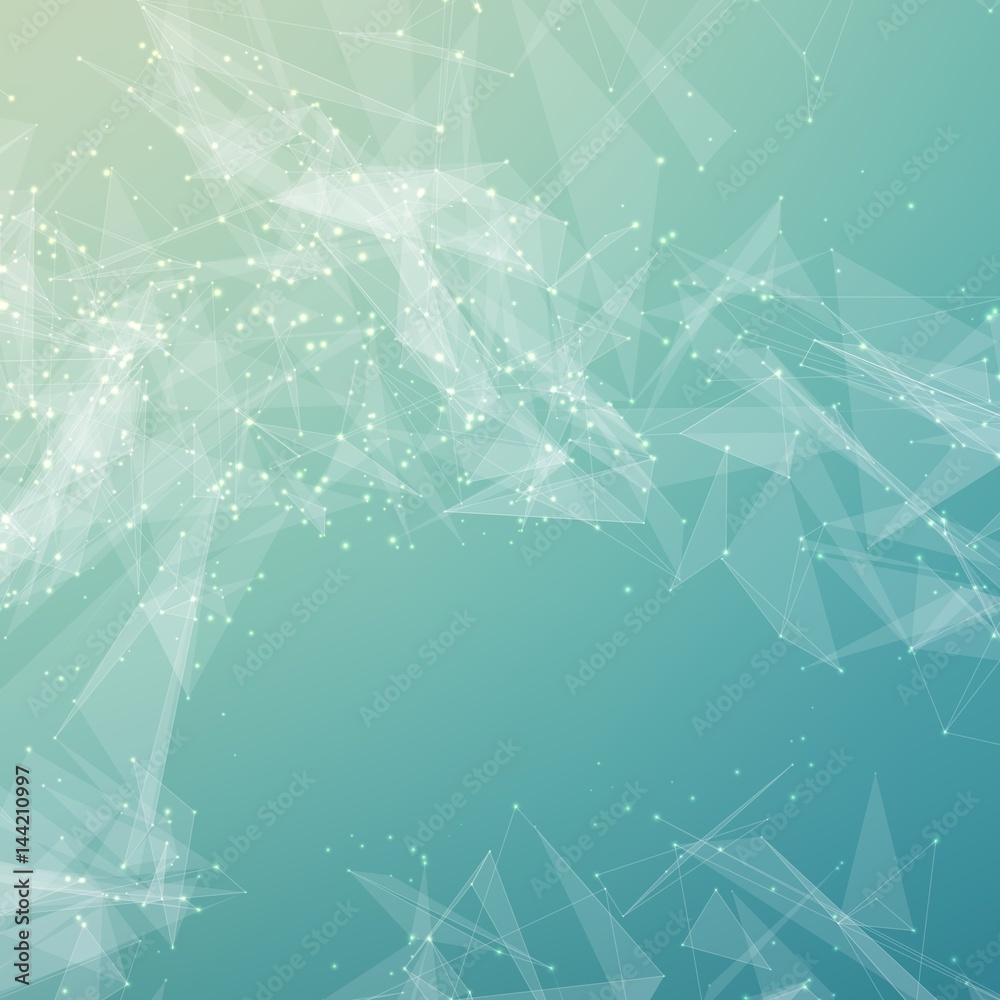 Poster abstract vector mesh background. chaotically connected points and polygons flying in space. flying d