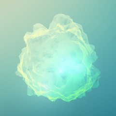 Abstract vector polygonal cyber sphere. Triangle spherical mesh background. Futuristic 3D illuminated distorted sphere of glowing particles and polygons. Digital splash. UI or HUD element.