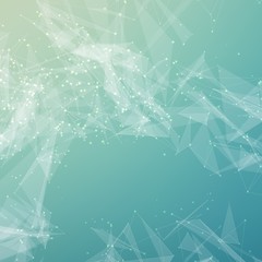 Abstract vector mesh background. Chaotically connected points and polygons flying in space. Flying debris. Futuristic technology style card. Lines, points, circles and planes. Futuristic design.