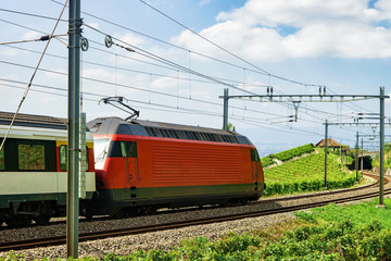 Obraz premium Train on railroad on Lavaux Vineyard Terraces