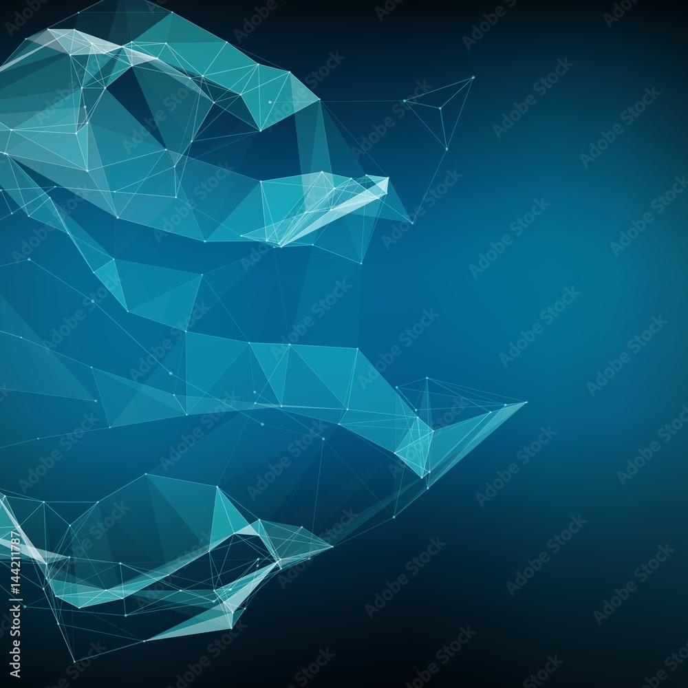 Poster abstract vector mesh background. chaotically connected points and polygons flying in space. flying d