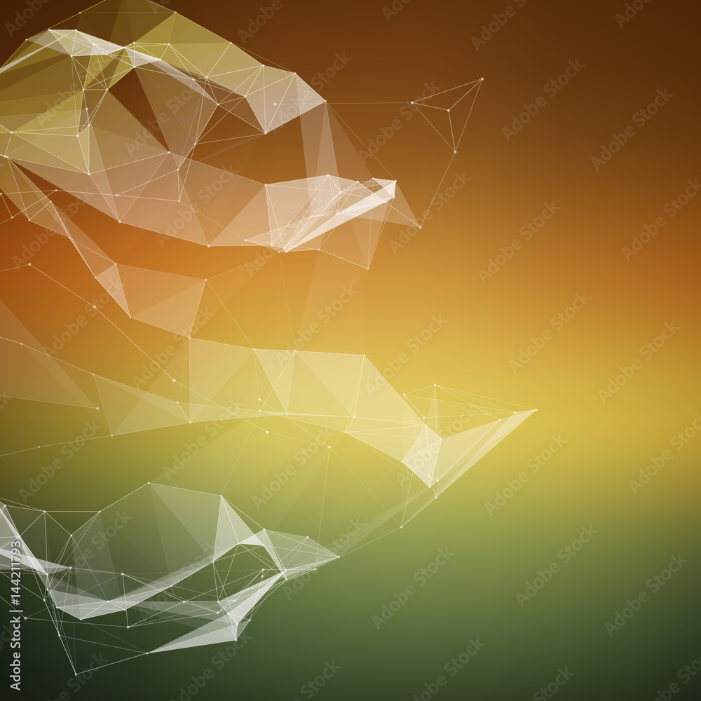 Poster abstract vector mesh background. chaotically connected points and polygons flying in space. flying d