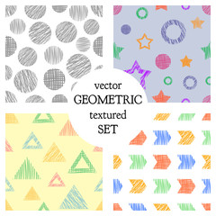 Set of seamless vector geometrical patterns with different geometric figures, forms. pastel endless background with hand drawn textured geometric figures. Graphic vector illustration