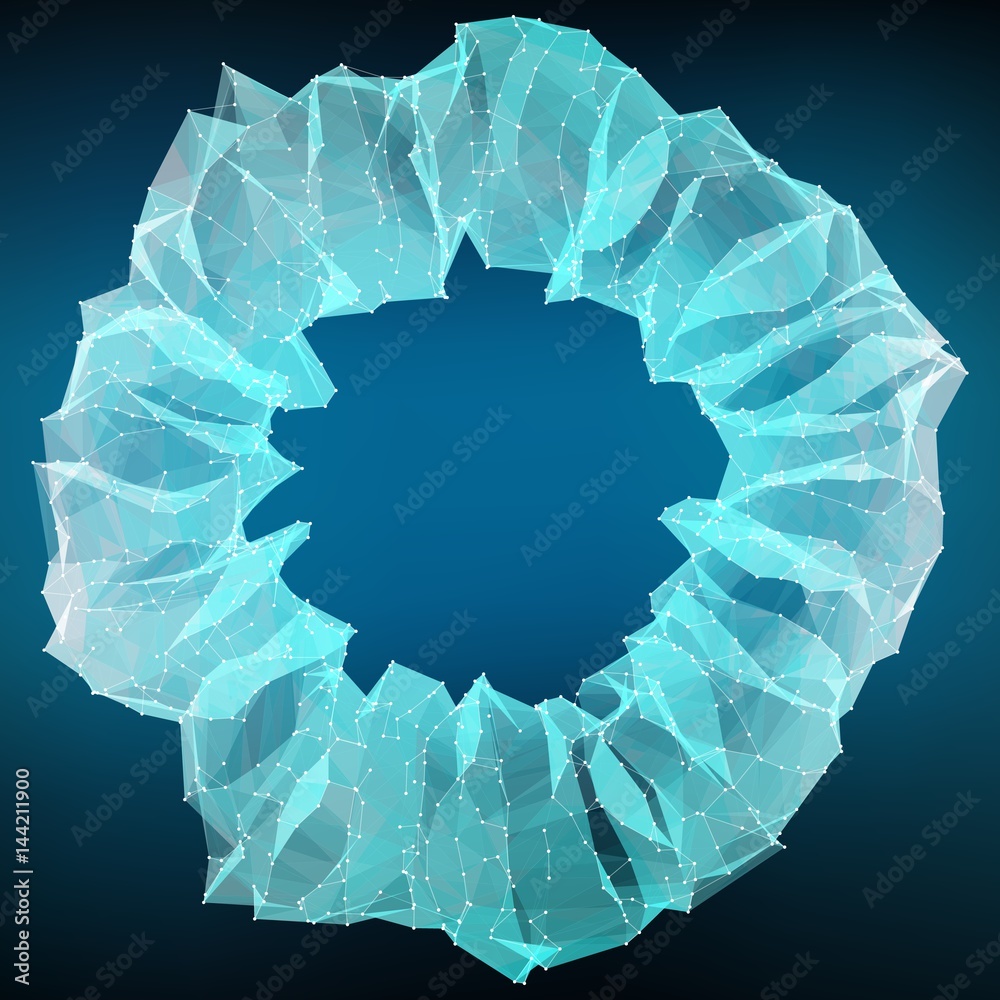 Poster abstract vector mesh background. chaotically connected points and polygons flying in space. flying d