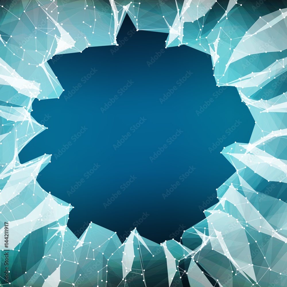 Poster abstract vector mesh background. chaotically connected points and polygons flying in space. flying d