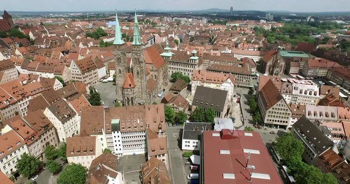 Church Sebaldus in Nuremberg. Aerial shot over the St. Sebaldus inside the old town of Nuremberg in Bavaria.