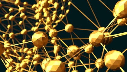 Molecule And Communication Background. Brochure or web banner design. Lines and spheres. Medical, technology, chemistry, science relative. Shallow depth of field. 3D rendering. Metallic material